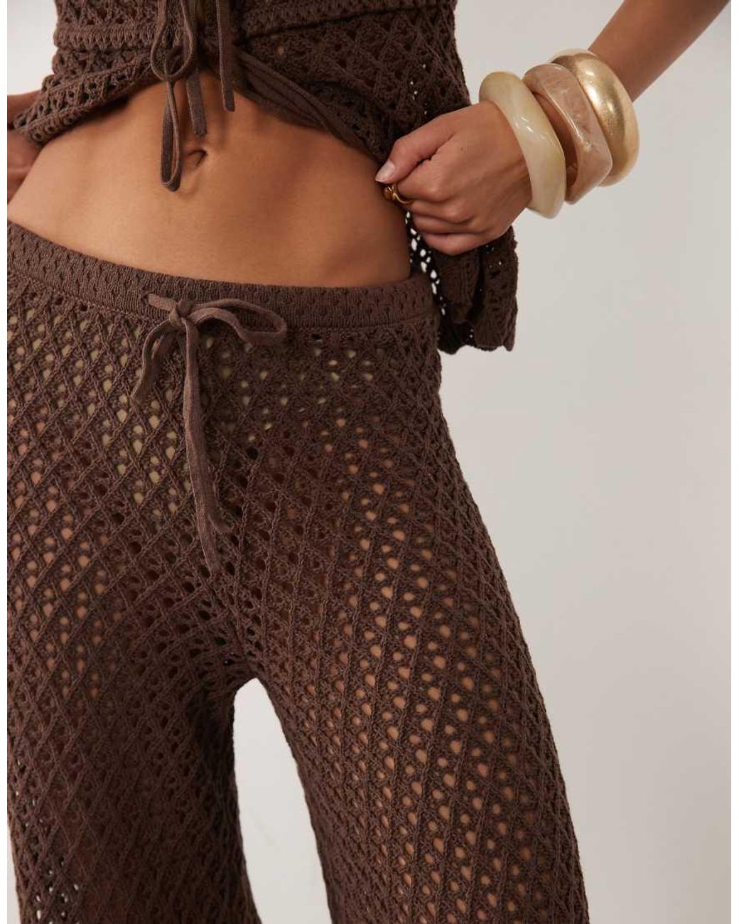4th & Reckless Brown Cotton Blend Crochet Tie Waist Wide Leg Beach Trousers Co-Ord