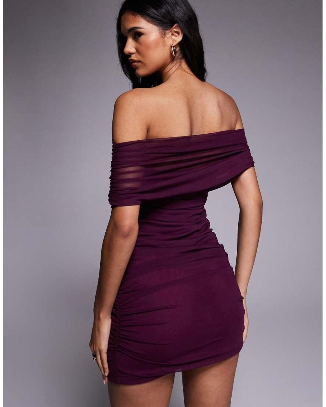 ASOS Purple Draped Shoulder Mesh Mini Dress With Ruching