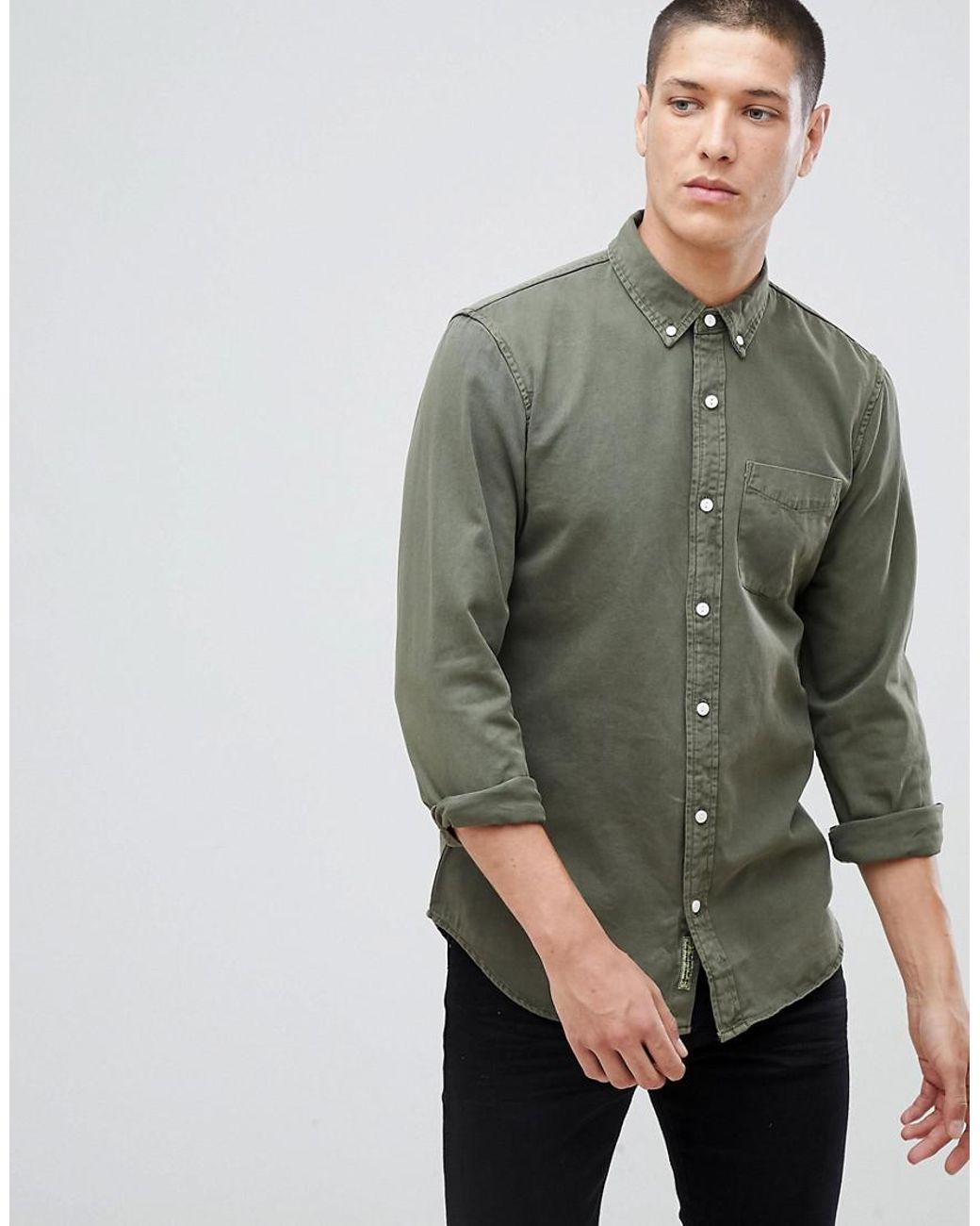 Pull&Bear Denim Shirt In Khaki in Green for Men | Lyst UK
