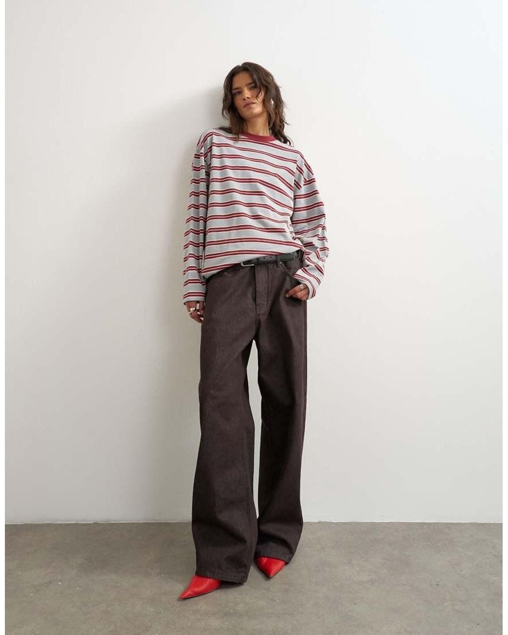 TOPSHOP Brown Stripe Long Sleeve Slouchy Skater Tee