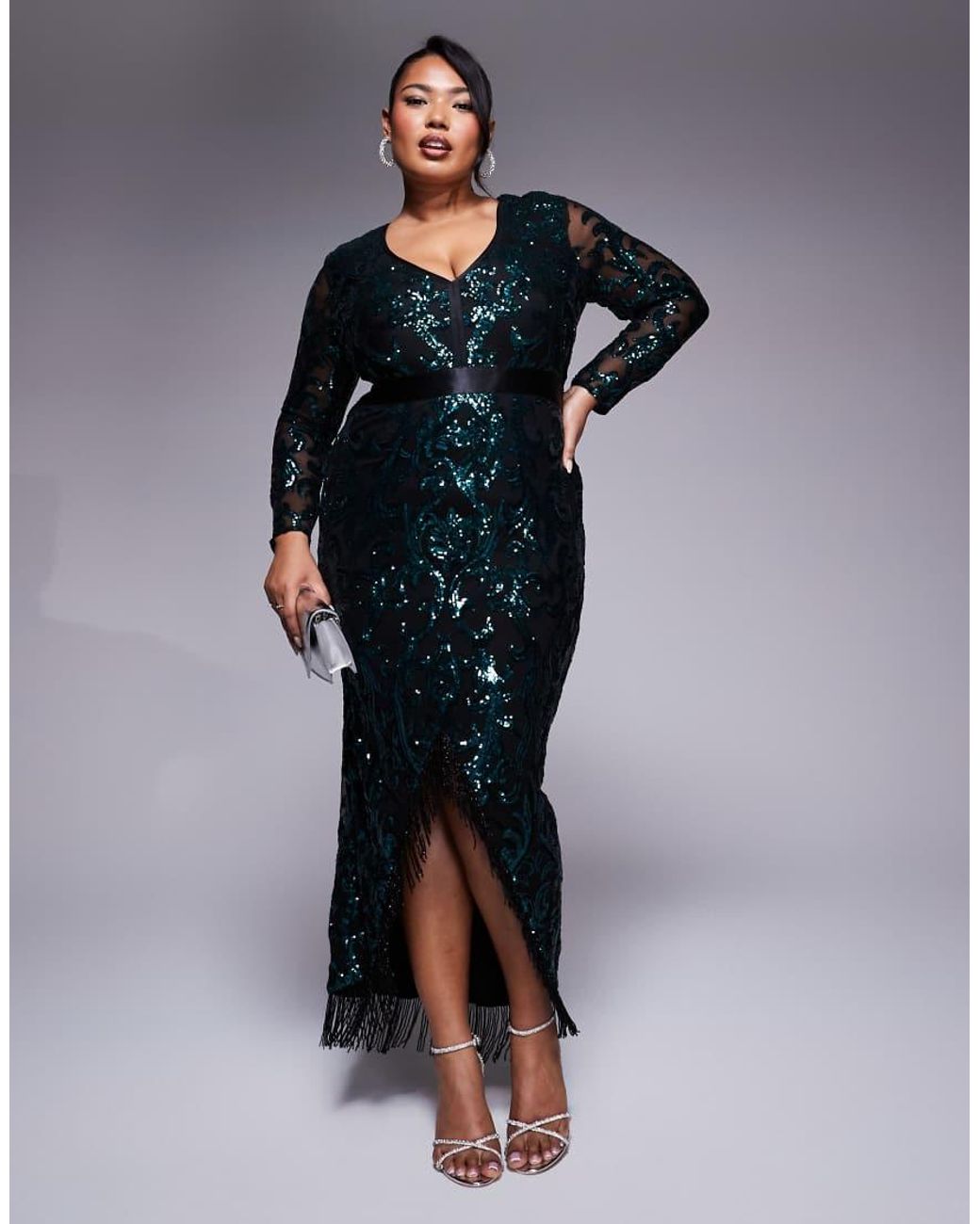 Goddiva Black Curve Tassel & Sequin Maxi With Front Split