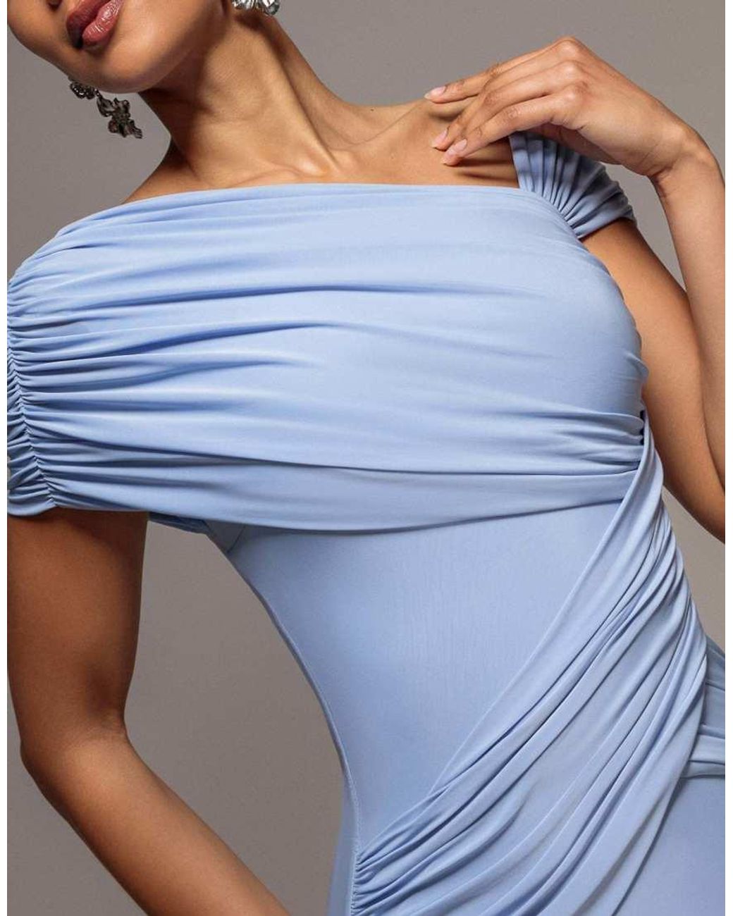 Goddiva Blue Asymmetric Neck Gathered Waist Maxi Dress