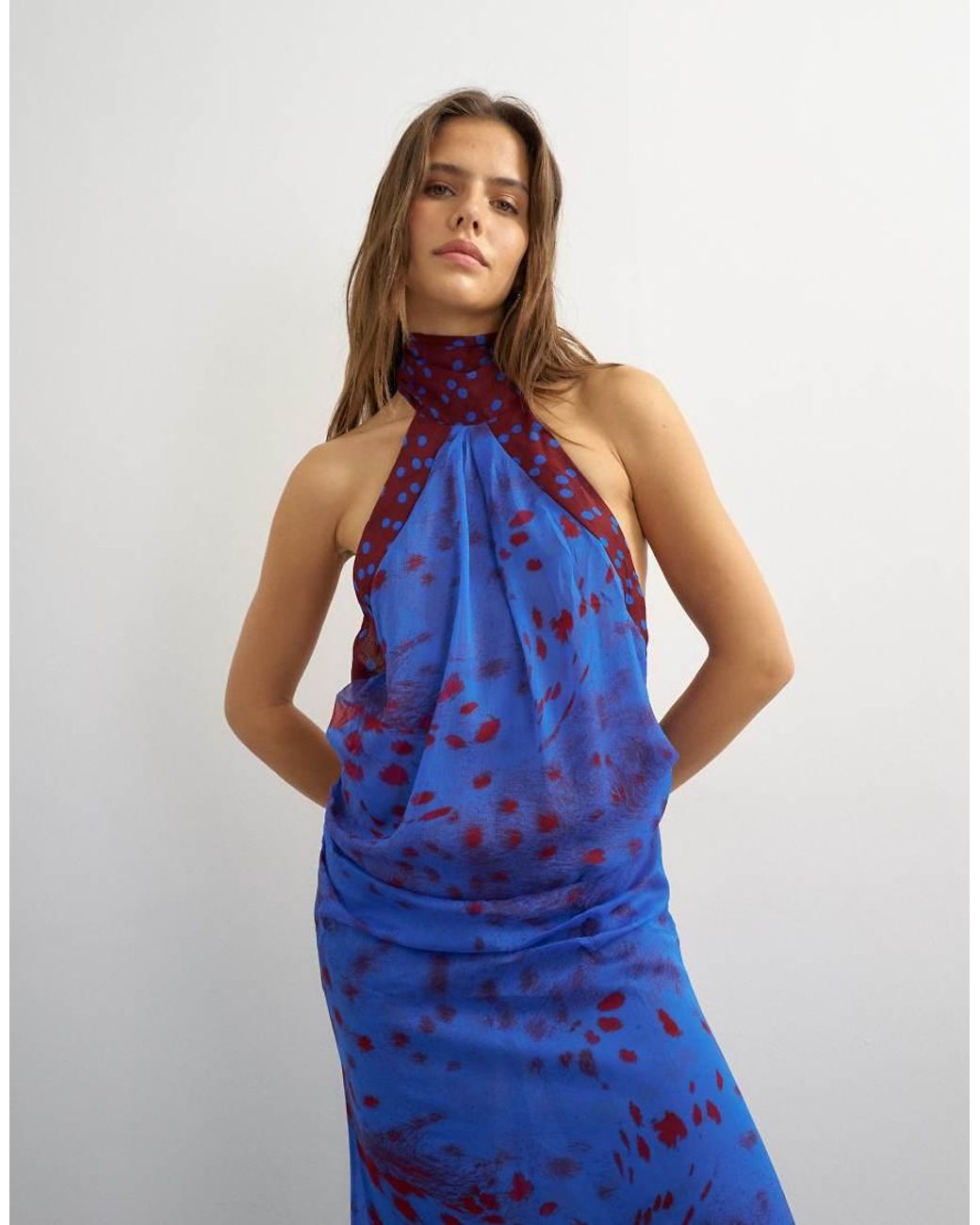 TOPSHOP Blue Chiffon Halter Neck Tucked Side Maxi Dress