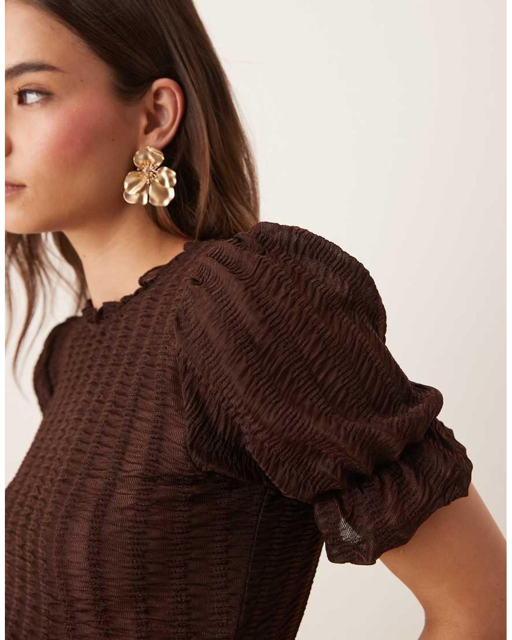 ASOS Brown Co-ord Textured Shirred Top With Ruffle Detailing