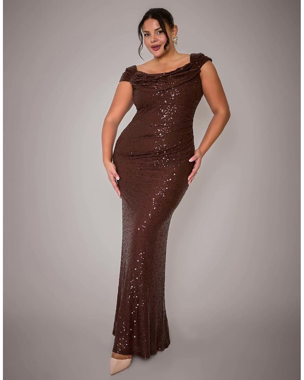 Goddiva Brown Curve Cap Sleeve Iridescent Sequin Cowl Maxi Dress