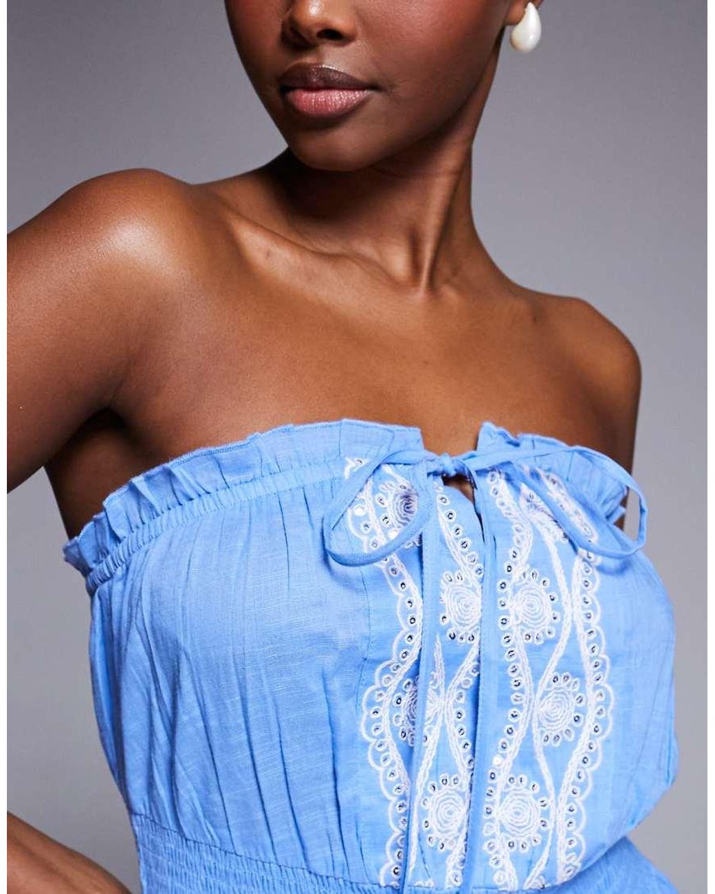 River Island Blue Embroidered Ruffle Playsuit
