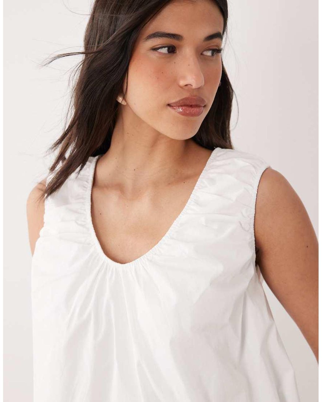 Fashionkilla White Exclusive Poplin Scoop Ruched Neck Detail Trapeze Mini Dress
