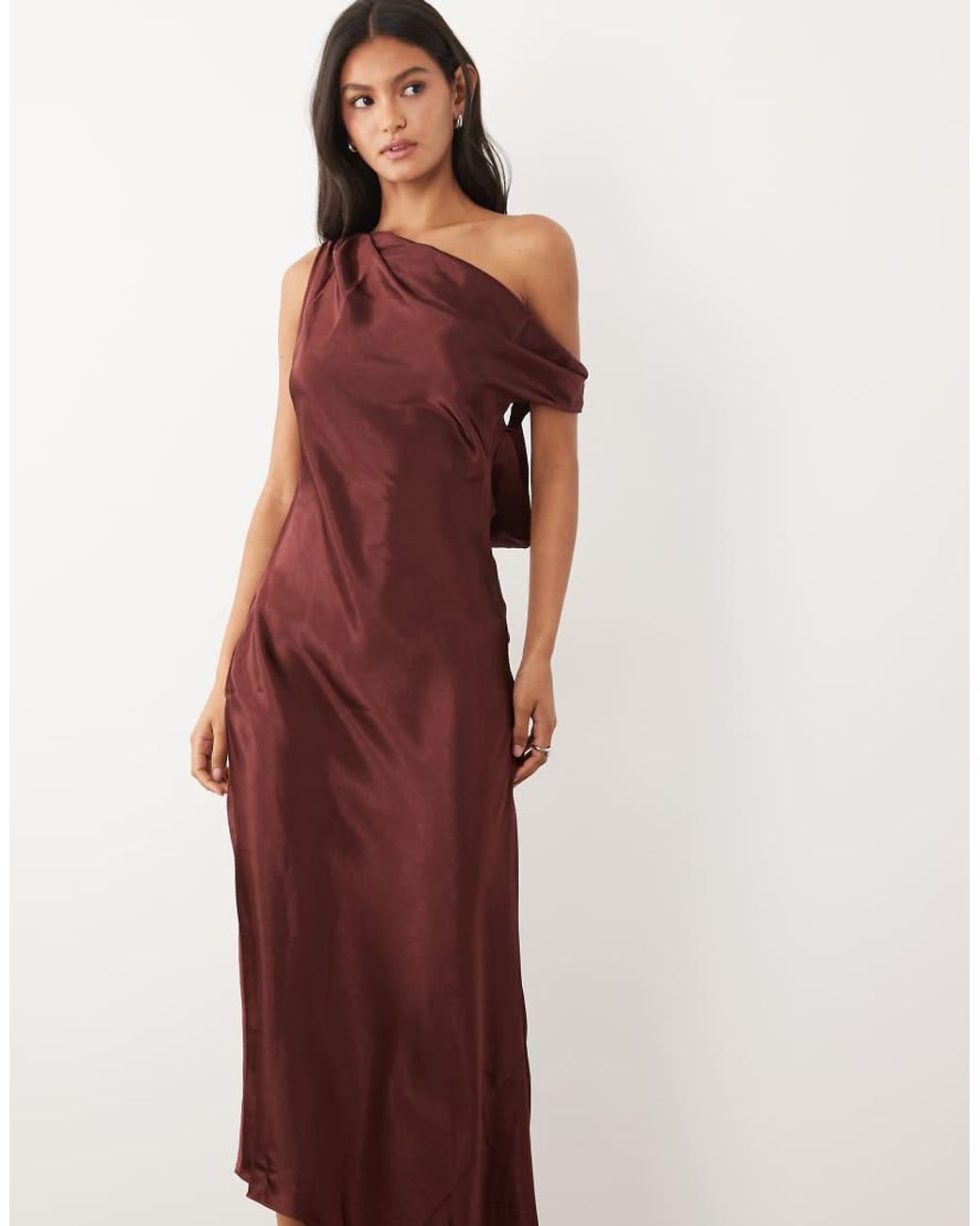 JW PEI Brown Exclusive Satin Draped One Shoulder Asymmetric Satin Maxi Dress