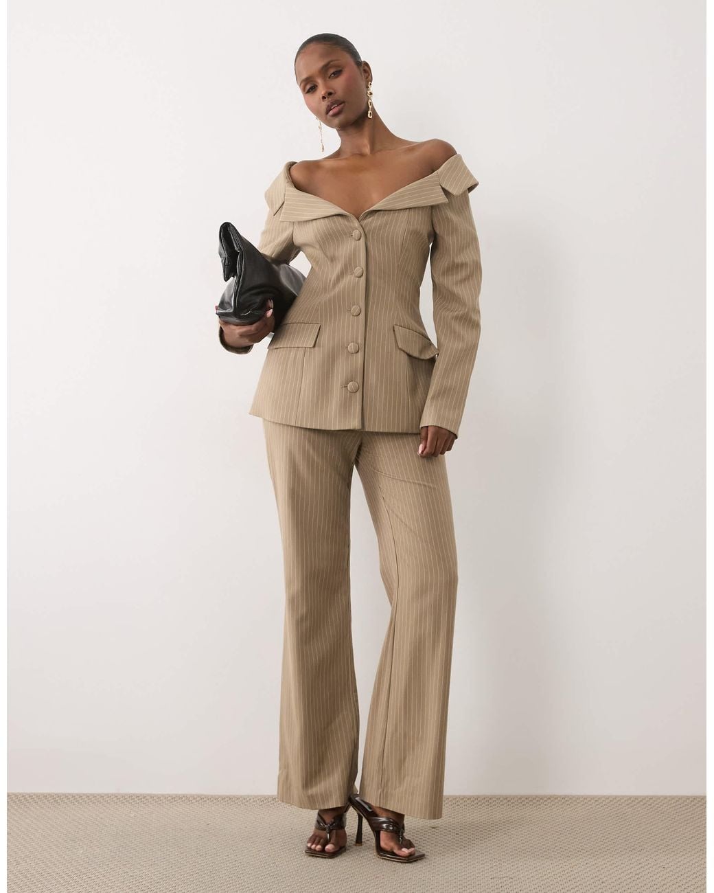 ASOS Natural Set Pinstripe Off Shoulder Long Sleeve Button Through Blazer