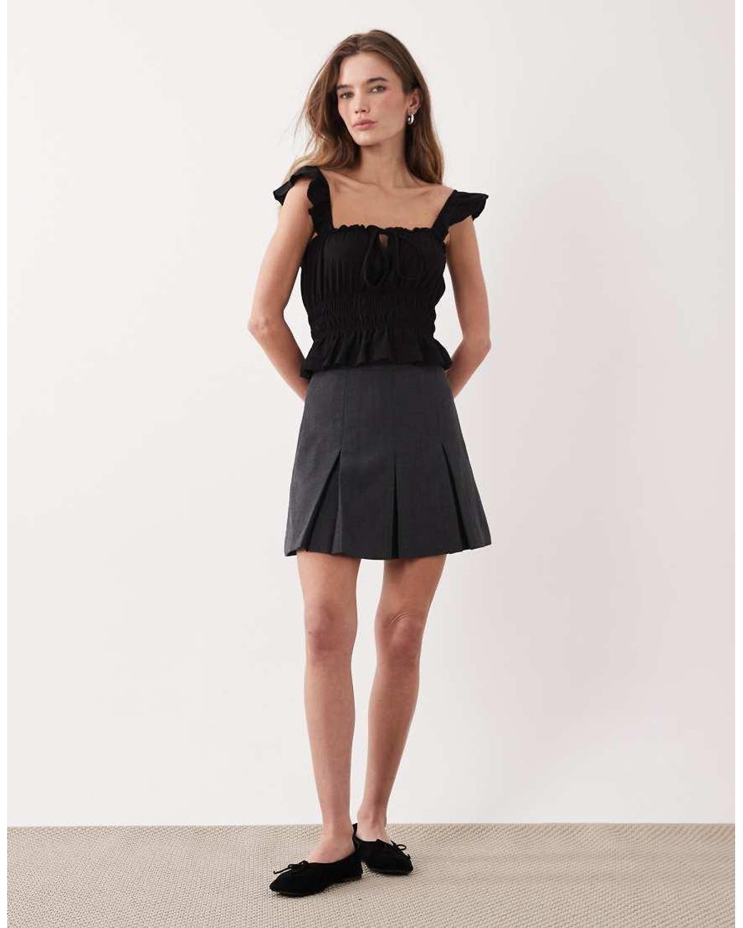 Miss Selfridge Black Shirred Top With Ruffle Sleeve