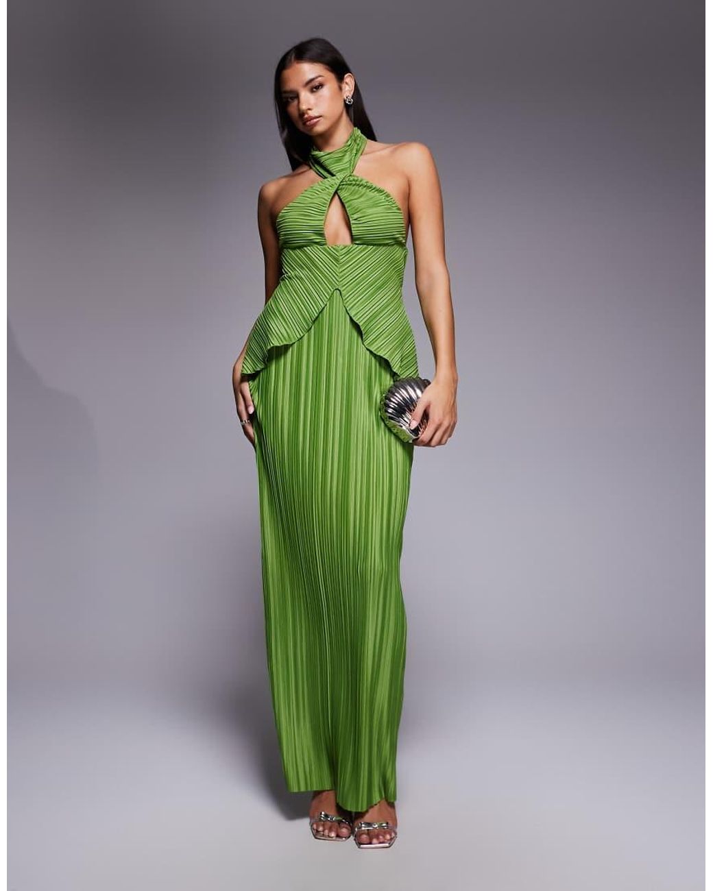 ASOS Green Plisse Maxi Dress With Twisted Halterneck