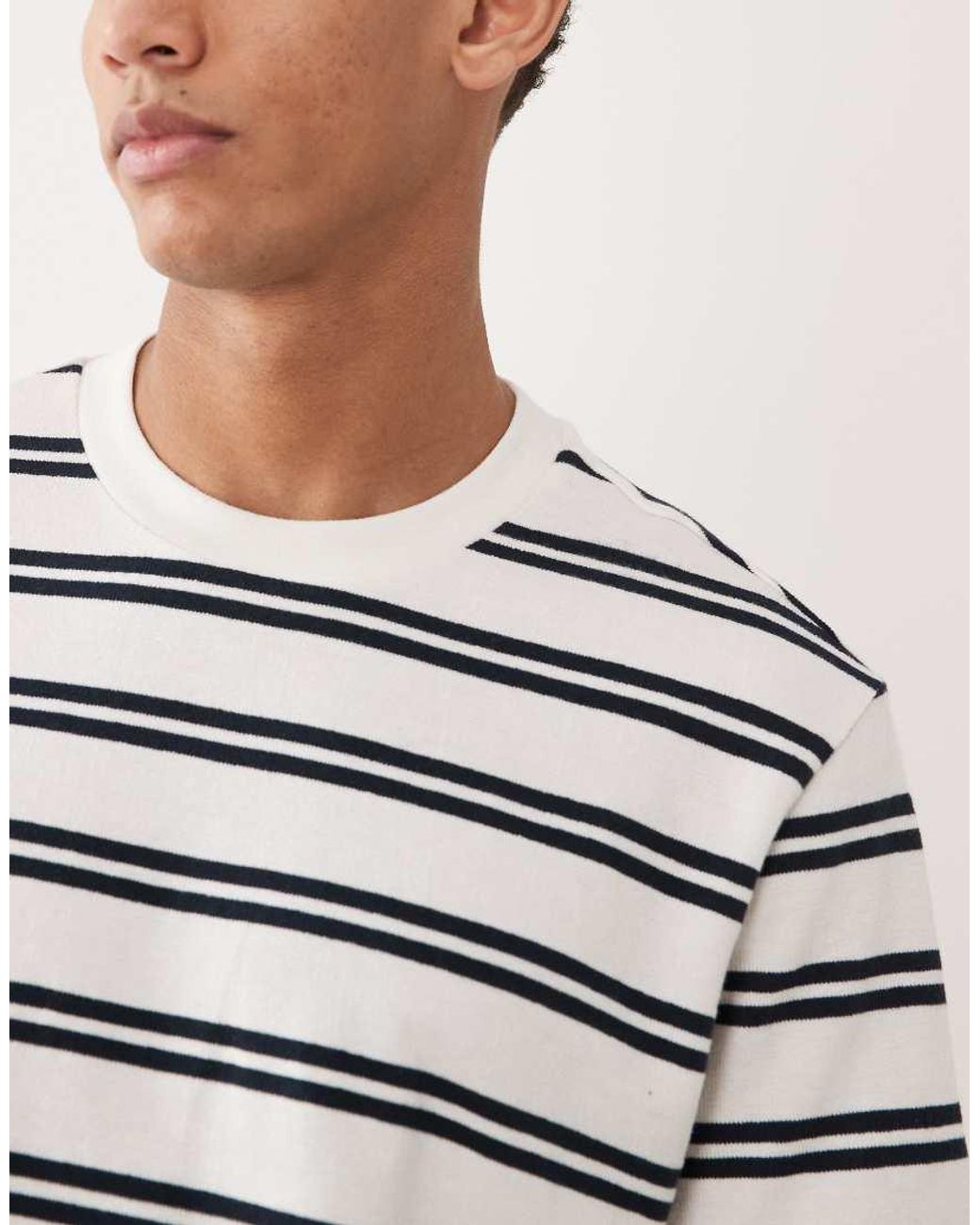 Mango White Cotton Rich Striped T-Shirt for men