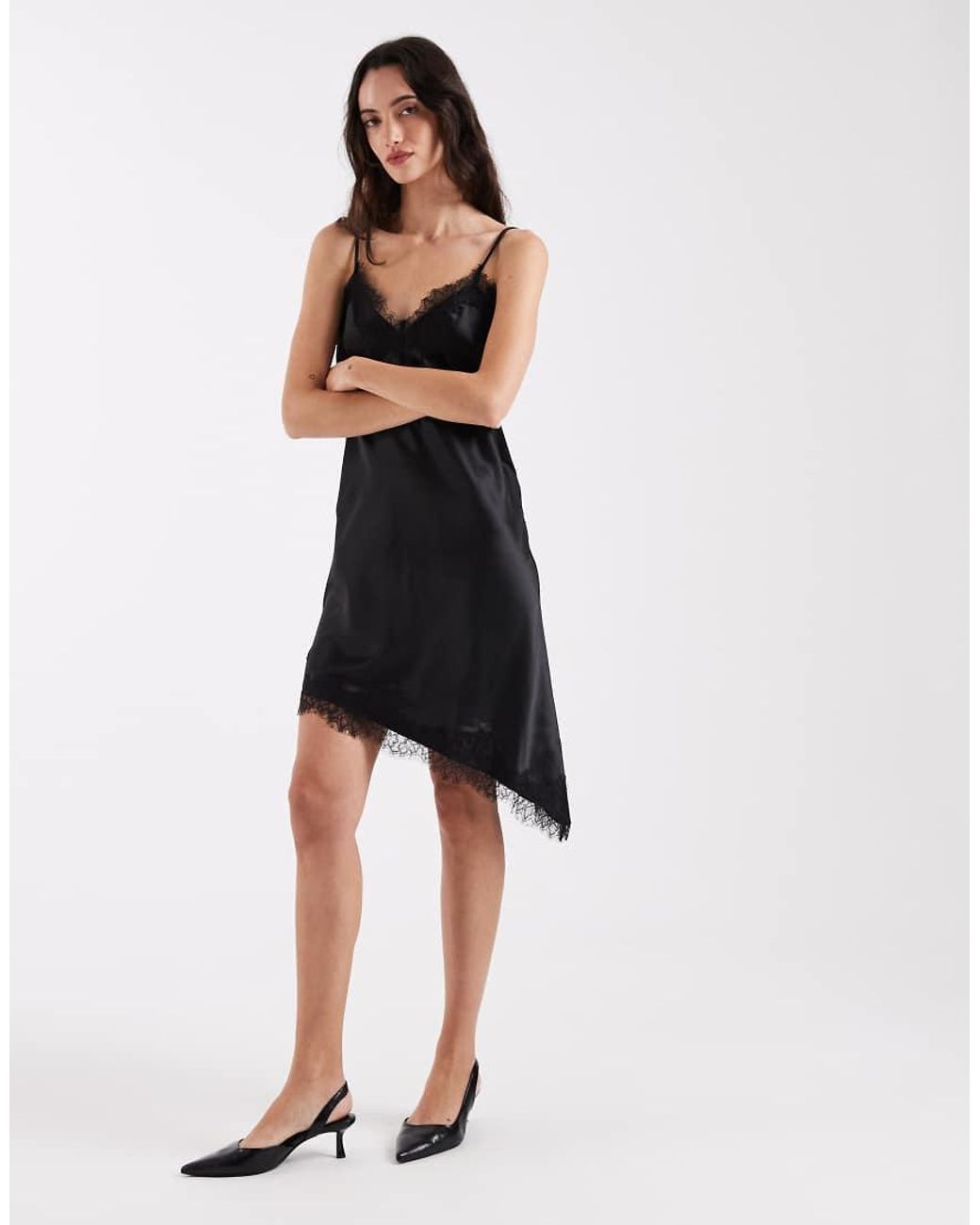 ONLY Asymmetrische Satijnen Cami-Jurk Met Kanten Zoom in het White