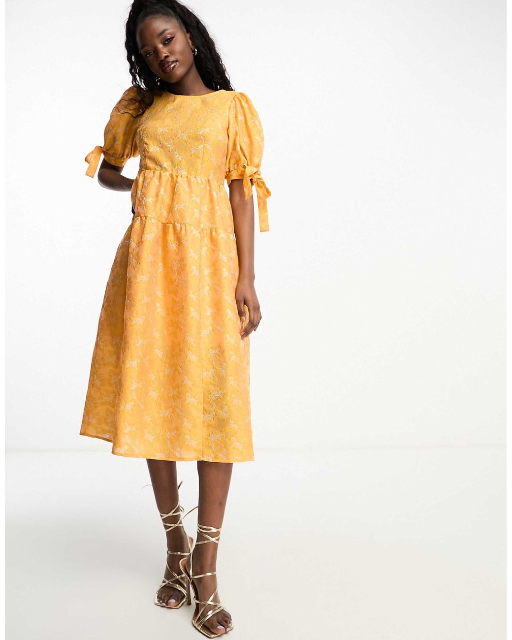 Monki Balloon Sleeve Floral Shimmer Brocade Midi Dress in Orange Lyst