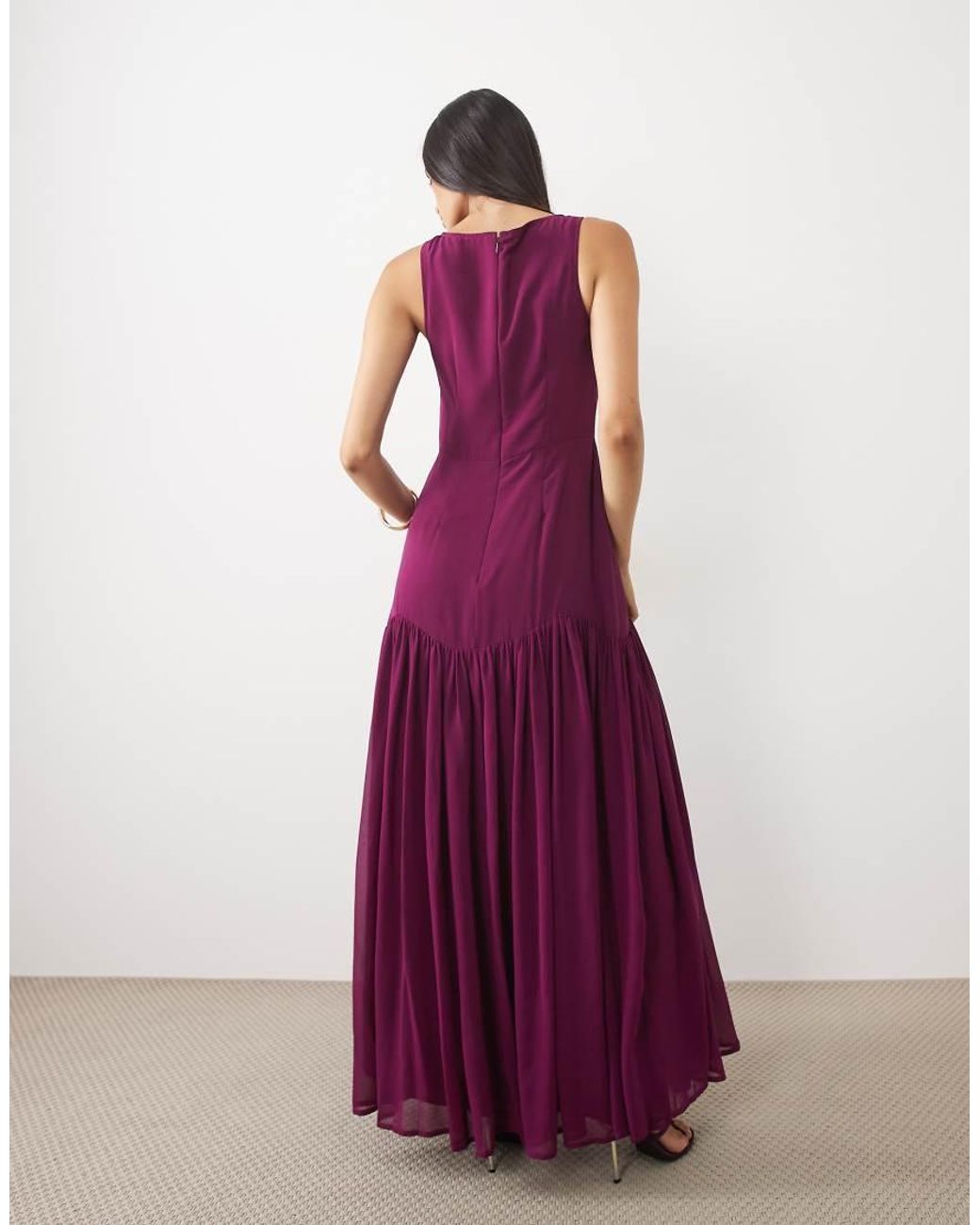 LACE & BEADS Purple Chiffon High Neck Sleeveless Drop Pleat Waist Maxi Dress