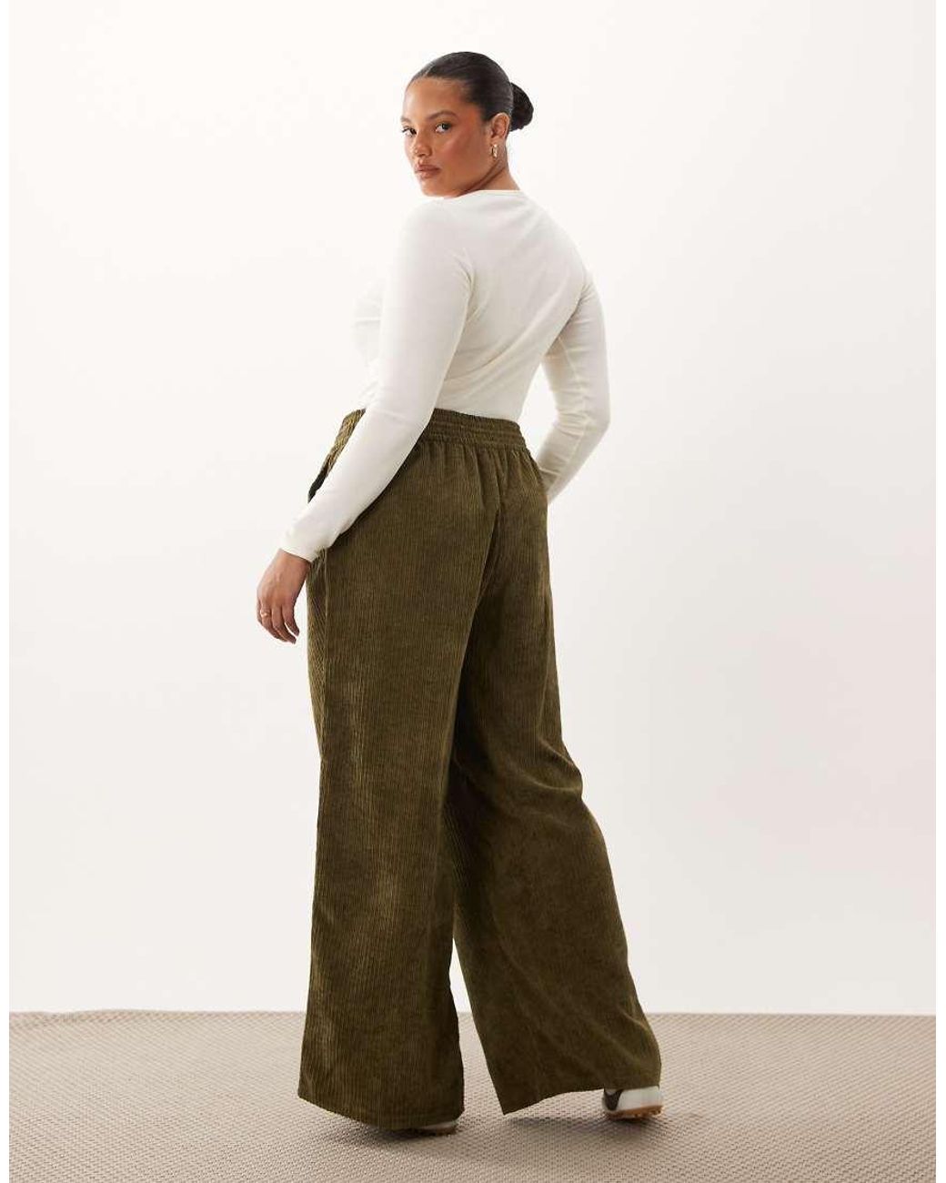 ASOS Green Asos Design Curve Pull On Waist Wide Leg Cord Trousers