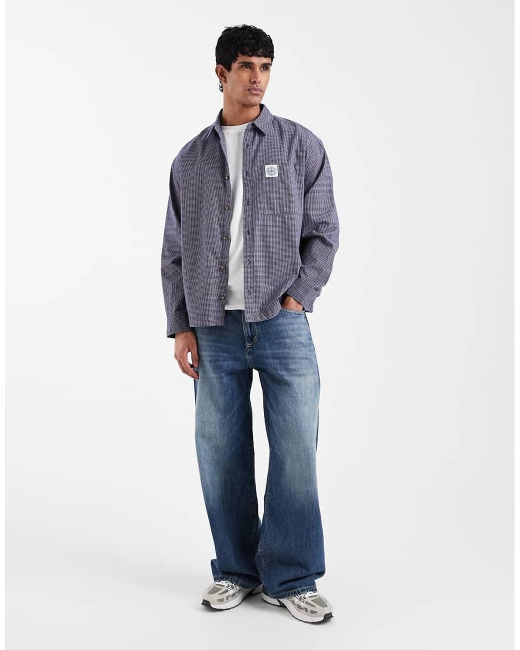 ASOS Blue Oversized Checked Shirt With Chest Badge for men