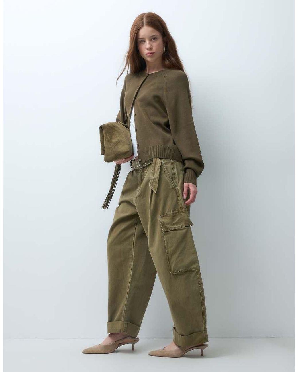 ASOS Green Asos Design Petite Roll Hem Cargo Trouser With Eyelet Belt