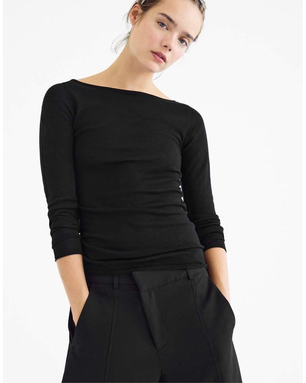 Stradivarius Black Wool And Silk Boat-neck Sweater