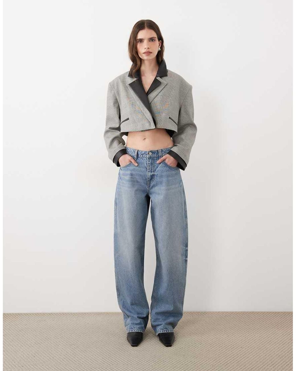 ASOS Blue Boxy Blazer With Faux Leather Double Collar Detail
