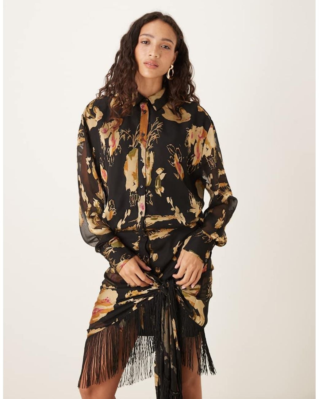 ASOS Natural Mini Shirt Dress With Fringe Skirt