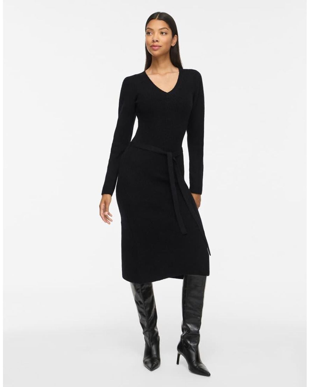 Vila Black Sleeved Vigry V-neck Long Sleeve Medium Midi Dress
