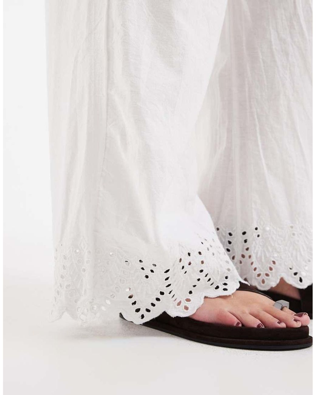 ONLY White 100% Cotton Pull-on Pants With Embroidery