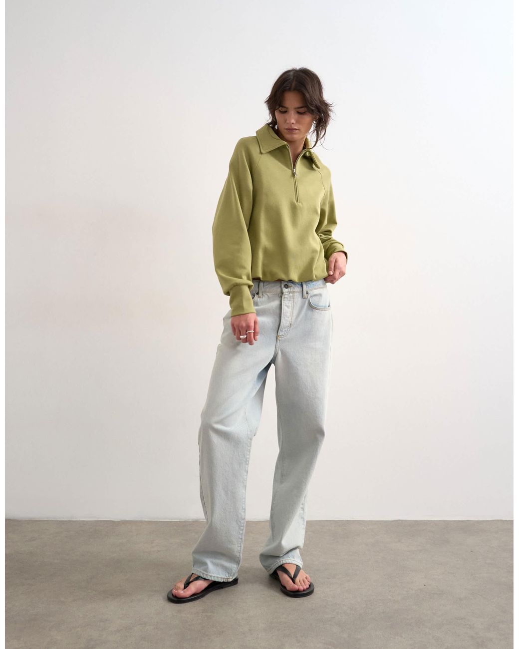 TOPSHOP Green Interlock Bubble Hem Polo Quarter Zip Sweat