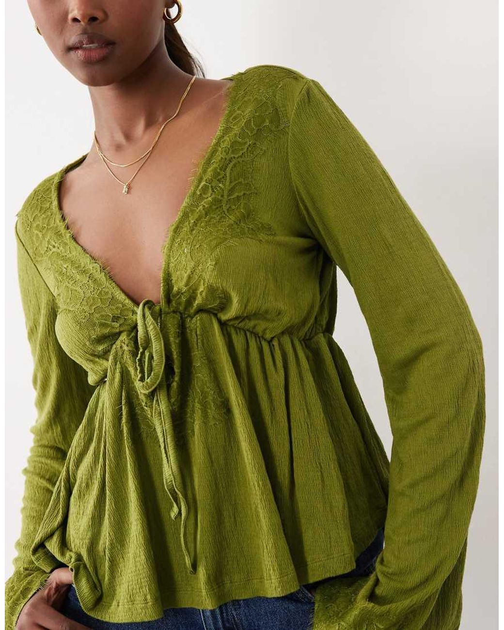 ASOS Green Crinkle Lace Trim Plunge Top With Flare Sleeve