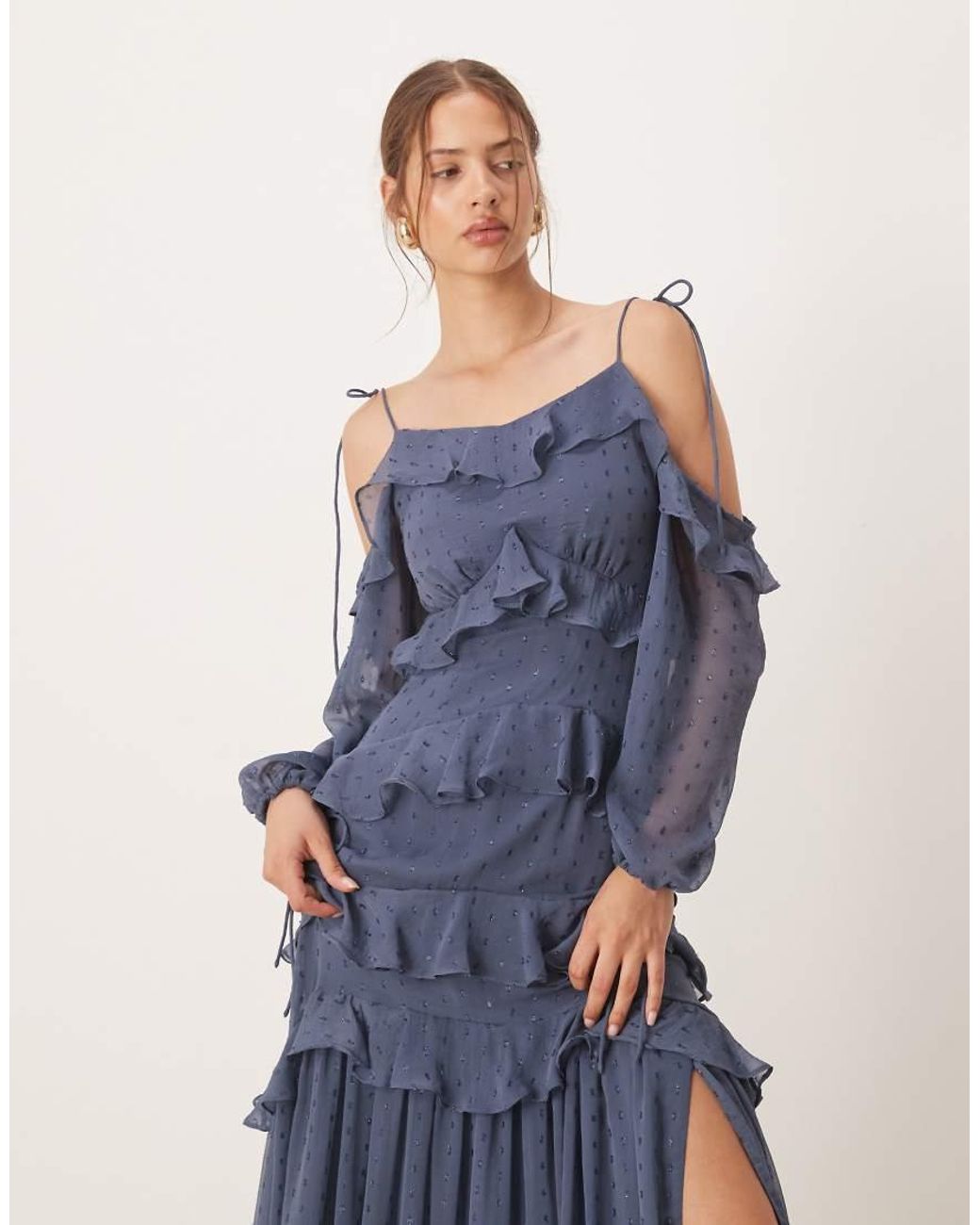 ANAYA Blue Cold Shoulder Ruffle Maxi Dress