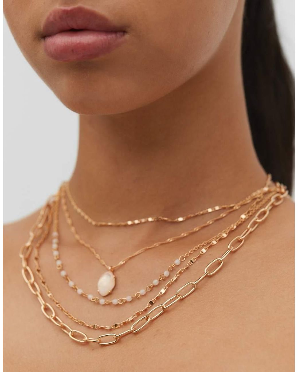 Stradivarius Brown Pack Of 5 Pink Stone Charm Necklaces