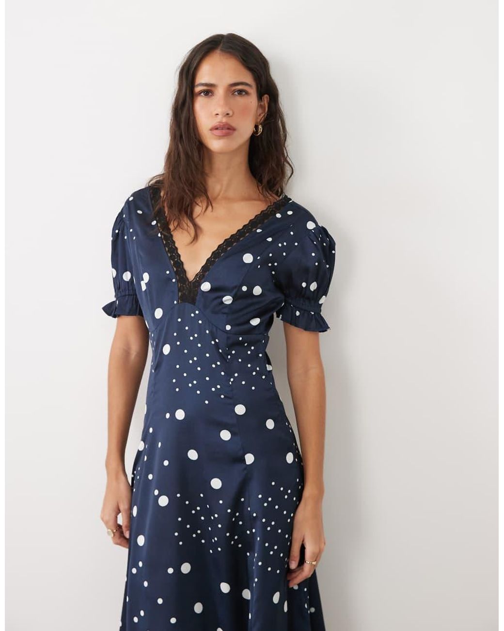 Wednesday's Girl Blue Cap Sleeve Satin Midaxi Dress With Lace Trim