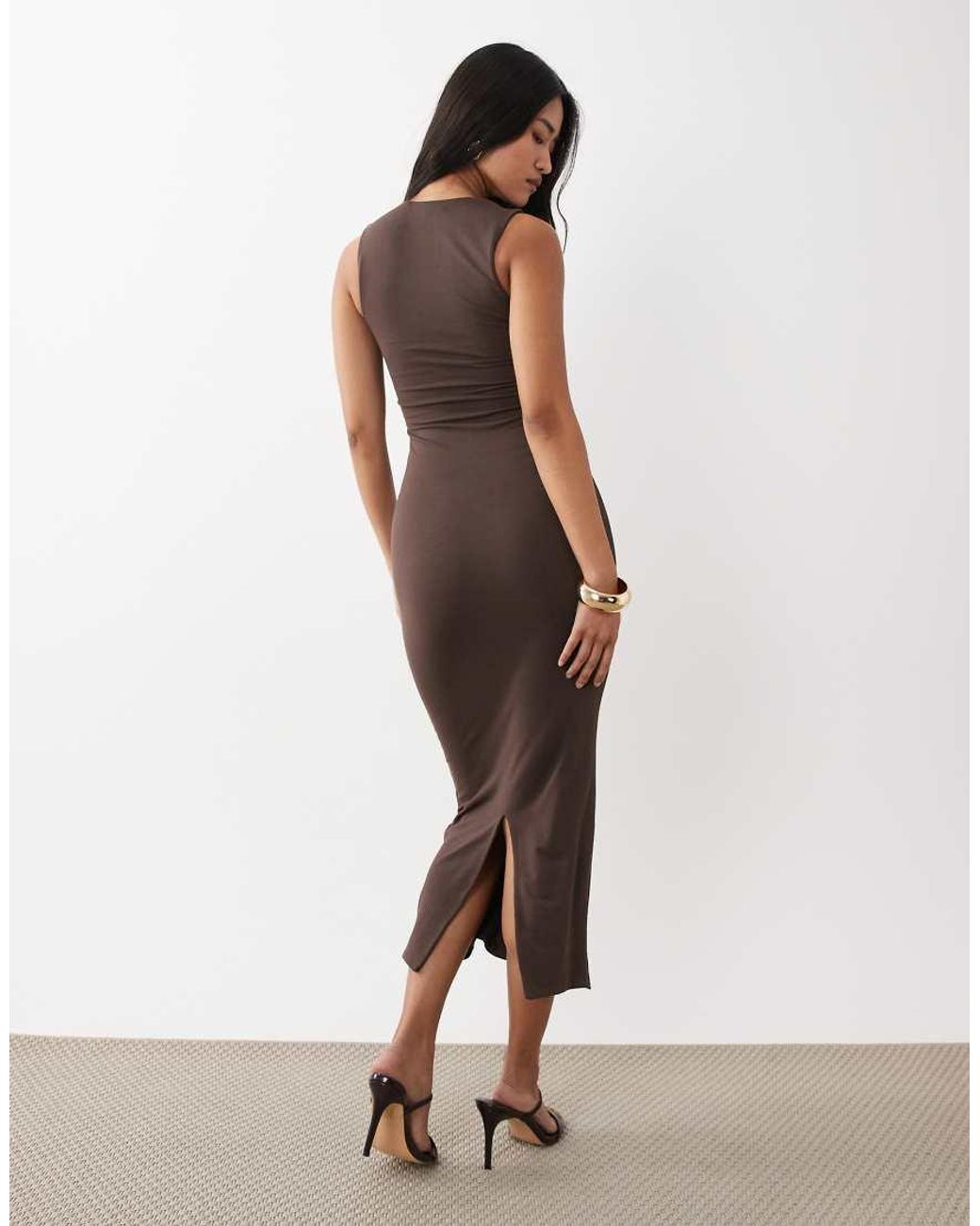 Oh Polly Brown Modal Blend Square Neck Slinky Midi Dress