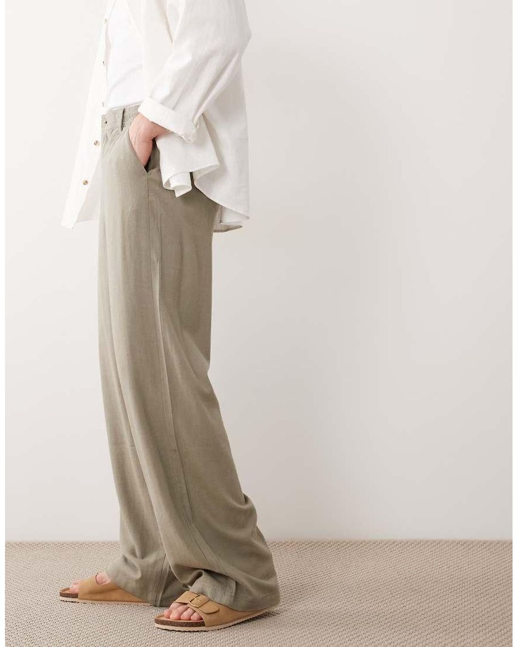 ASOS Natural Baggy Linen Blend Trousers for men