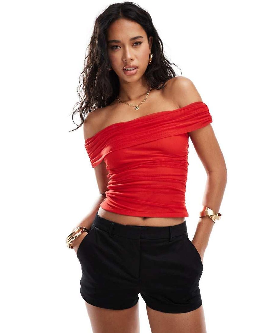 New Look Mesh Bardot Top in Red Lyst UK