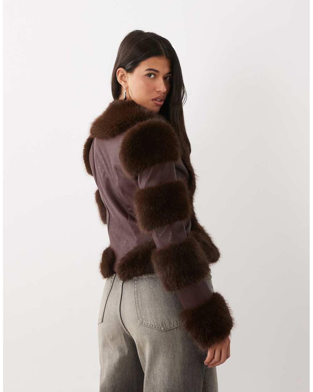 I.AM.GIA Brown Vrai Textured Leather Look Panelled Faux Fur Trim Fitted Jacket