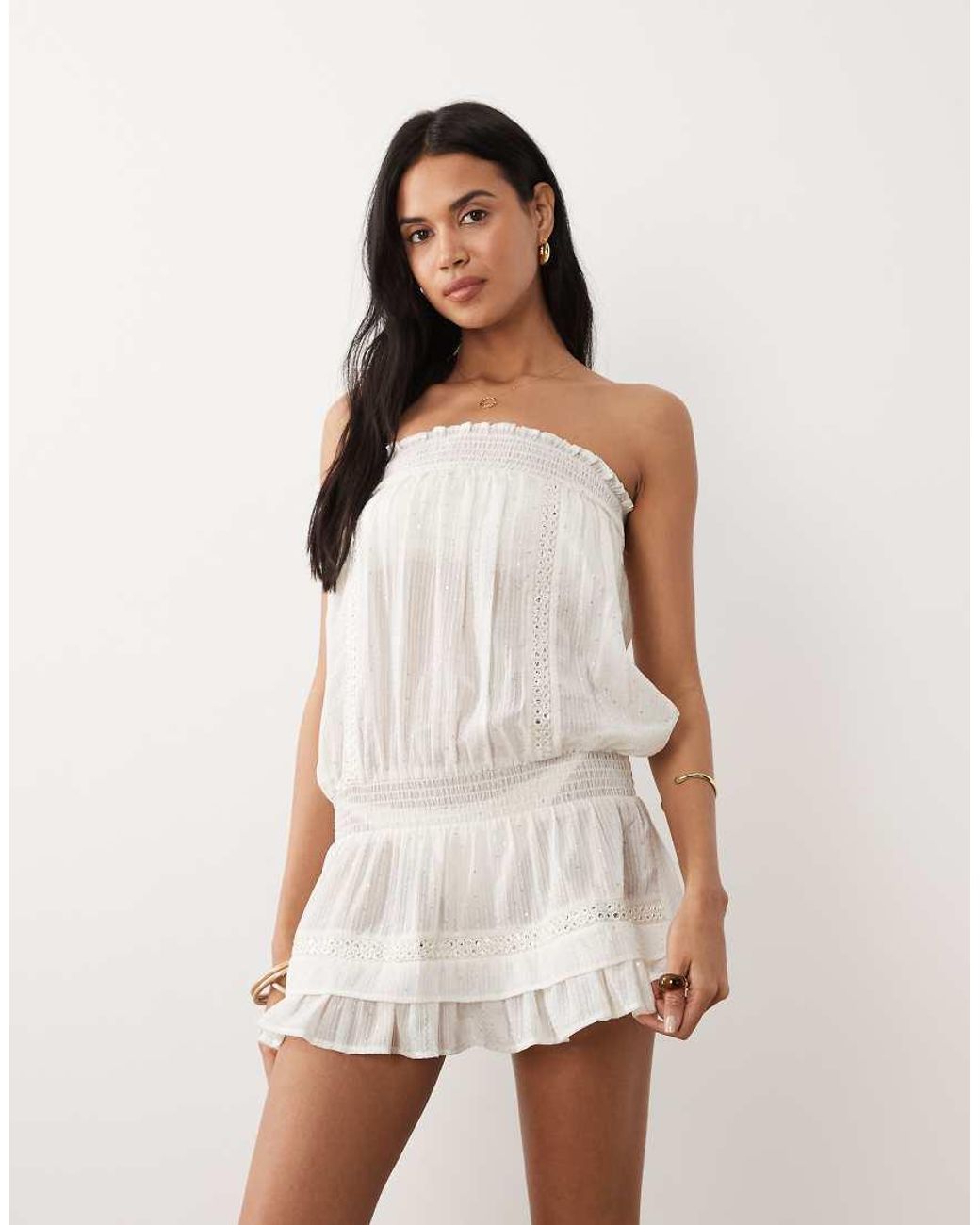 Miss Selfridge White Beach Bandeau Mirror Shirred Waist Mini Dress