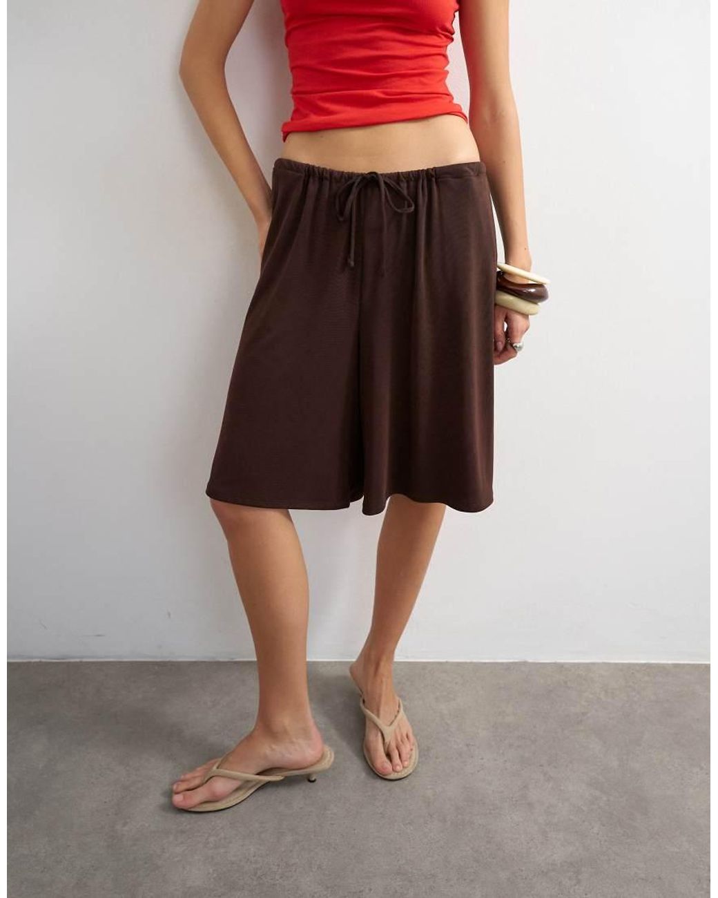 TOPSHOP Red Cupro Bermuda Drawstring Shorts