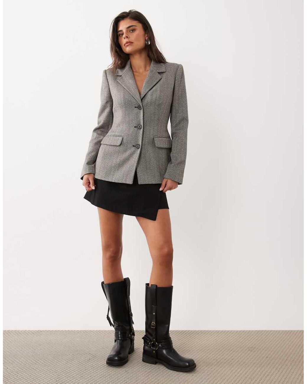 Nobody's Child Gray Wool Mix Wool Feel Herringbone Padded Shoulder Cinched Waist Blazer
