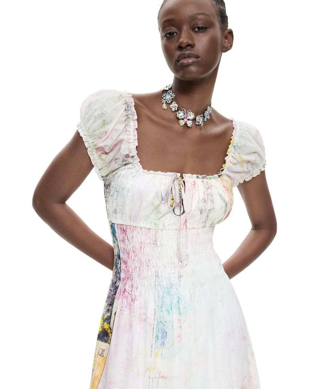 Desigual White Short Sleeve Dress 100% Cotton