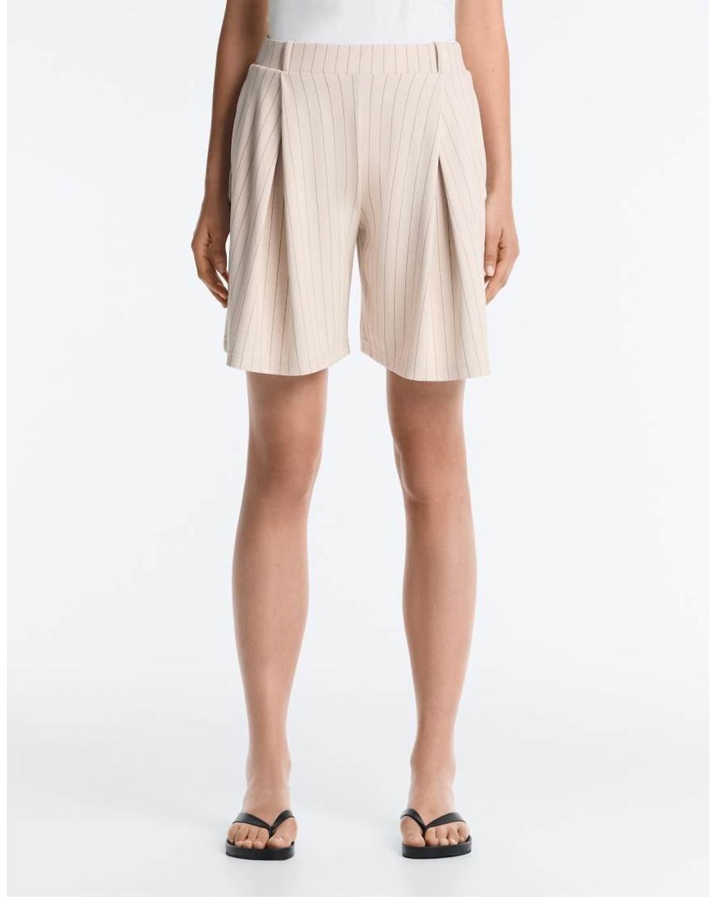 Oysho White Wide Striped Pleated Bermuda Shorts