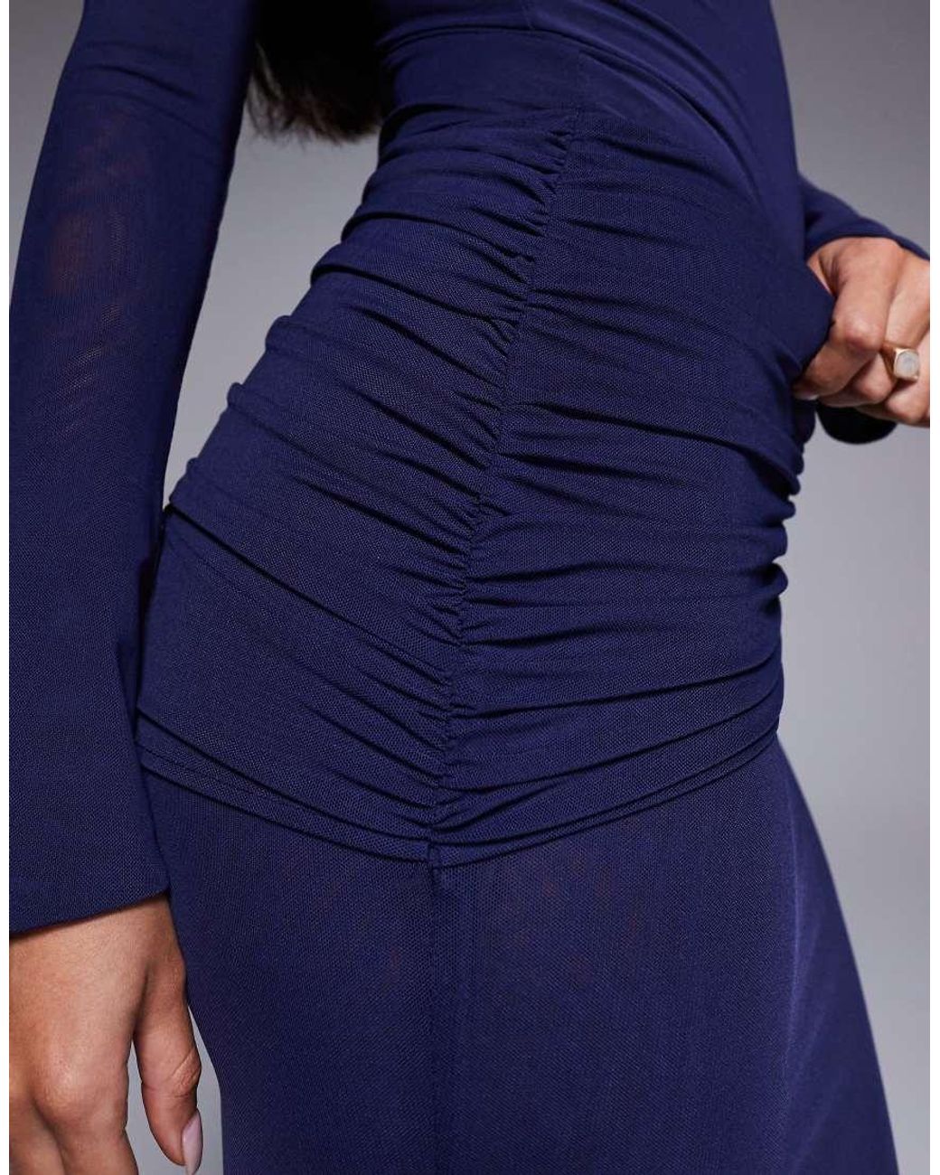 Ruched & Ready Blue Mesh Ruched Drape Detail Bodycon Maxi Skirt