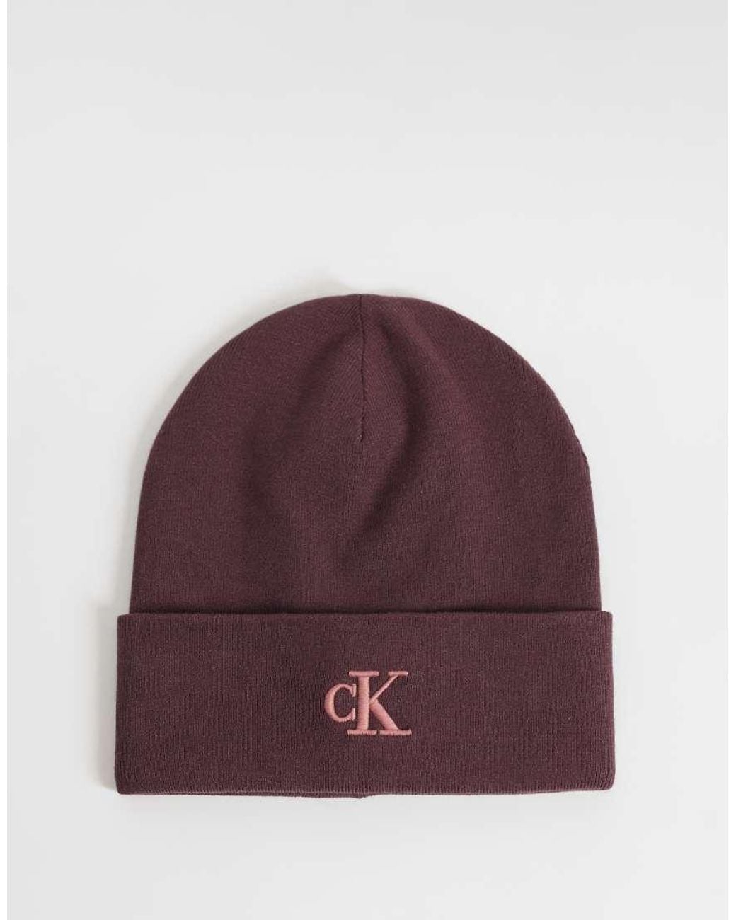 Calvin Klein Purple Monogram Rib Beanie With Pink Logo