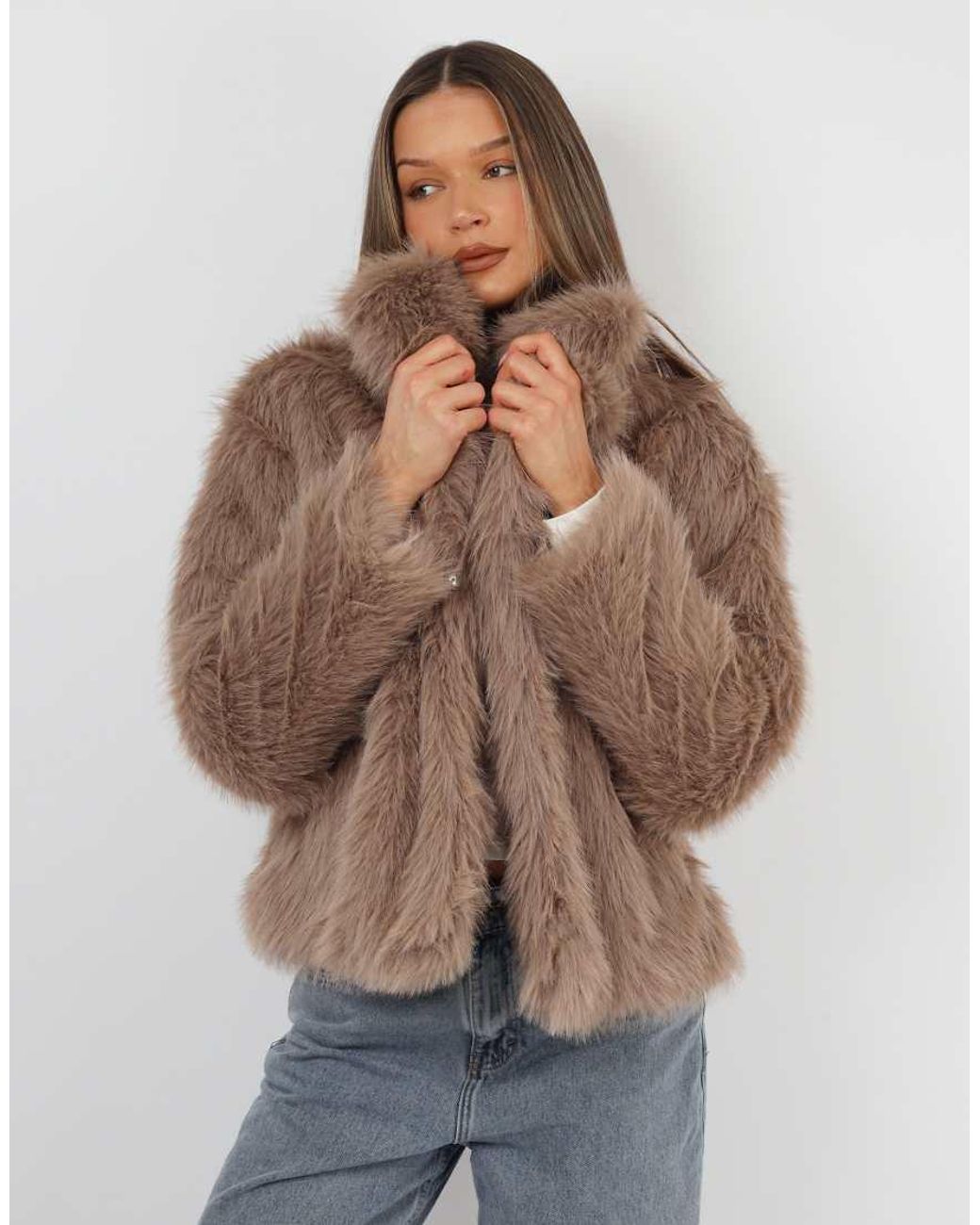 SIMMI Brown Arabella Oversized Collar Faux Fur Coat
