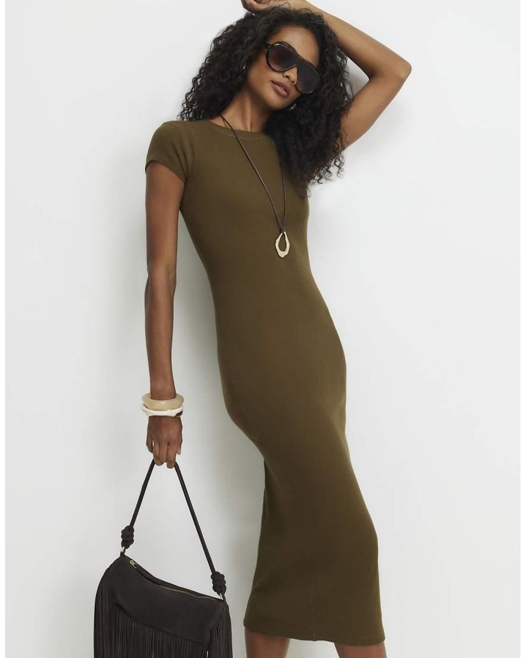 River Island Green Cotton Blend Cap Sleeve Midi Dress