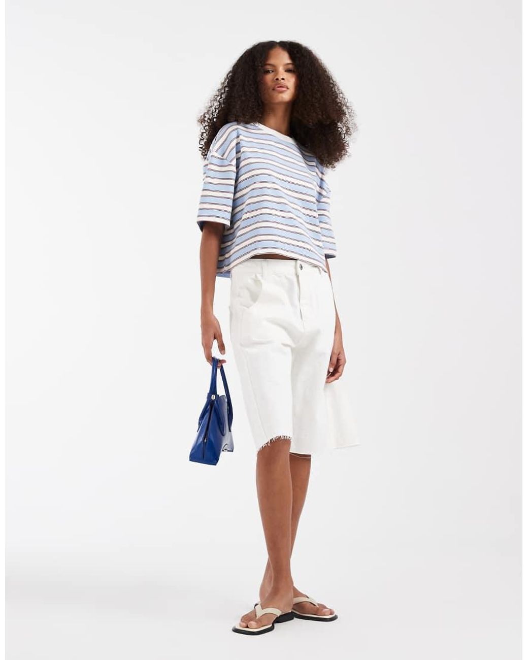 ASOS Contrast Neck Boxy Crop Top Light Blue And Chocolate Stripe