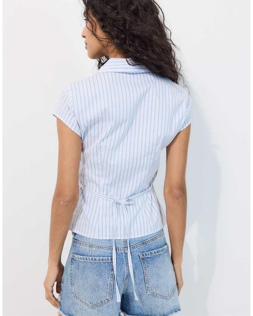 Stradivarius Blue Short Sleeve Shirt With Underbust Seam