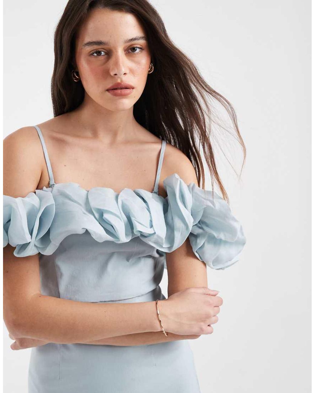 Object Blue Extreme Off The Shoulder Satin Ruffle Trim Maxi Dress