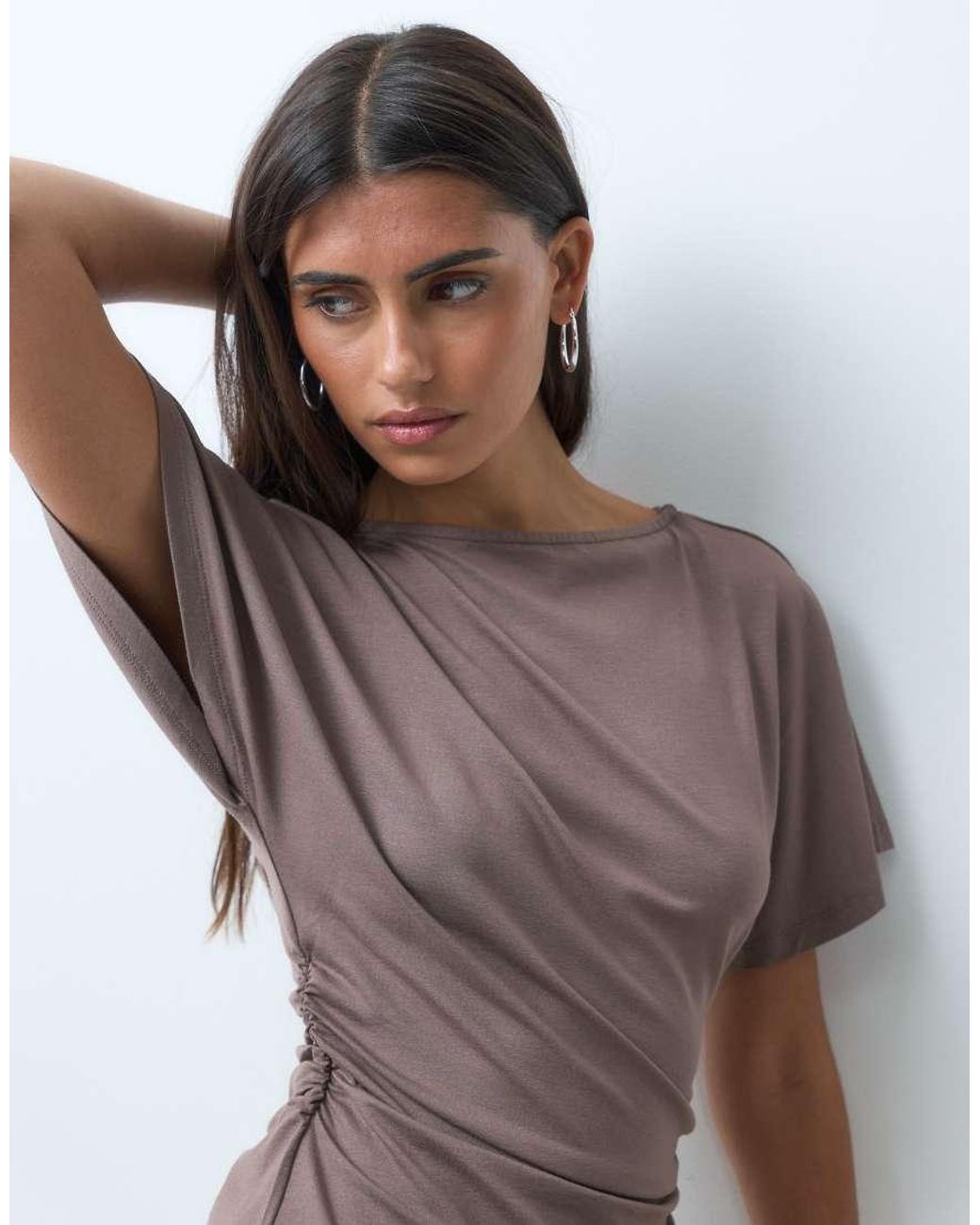 ASOS Brown Cinch Waist Angle Sleeve Tee With V Back Detail