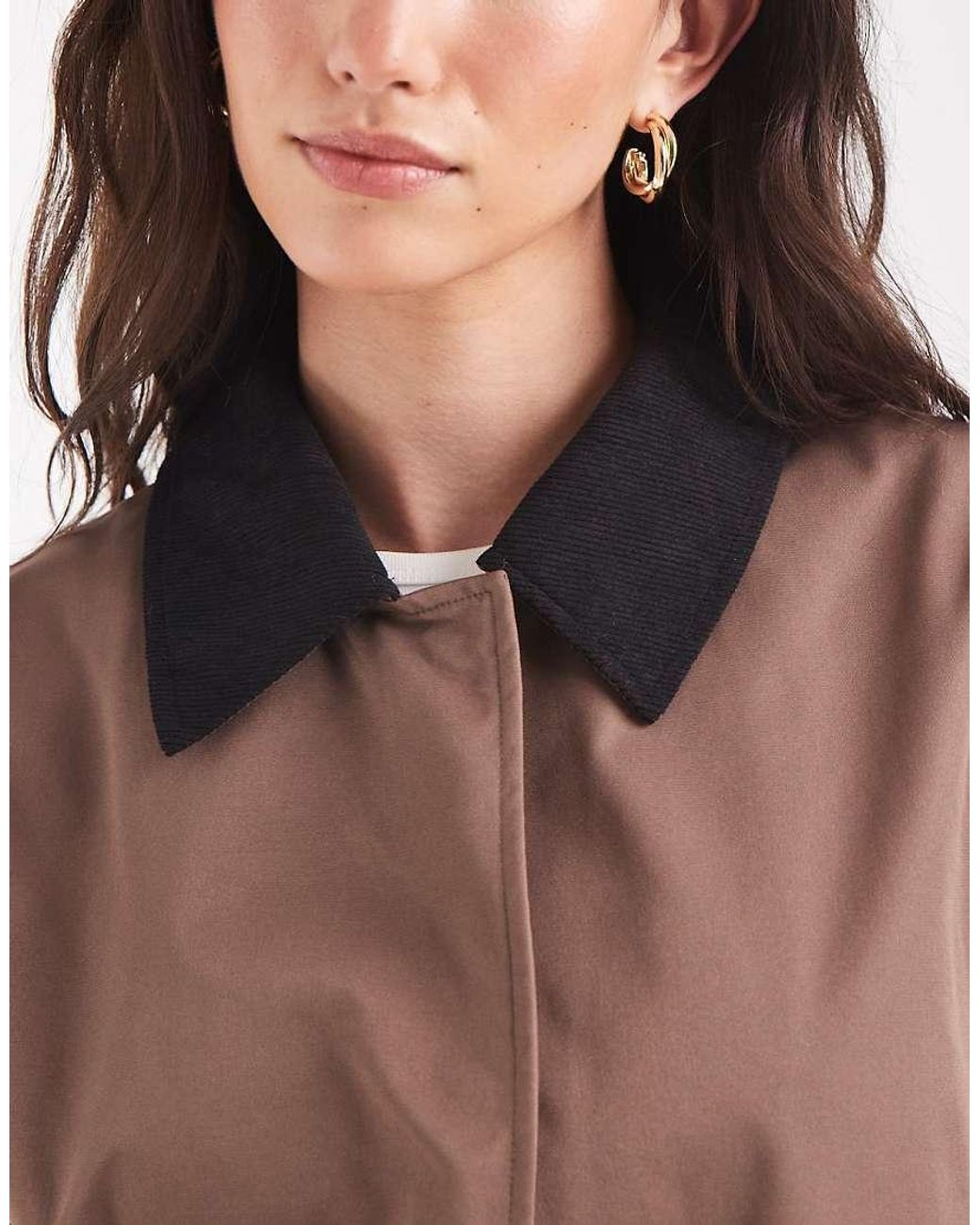 Pieces Brown Short Trench Coat With Cord Collar Detail